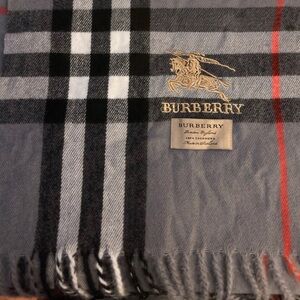 Burberry Gray and Black Plaid Scarf with Gold Embroidery